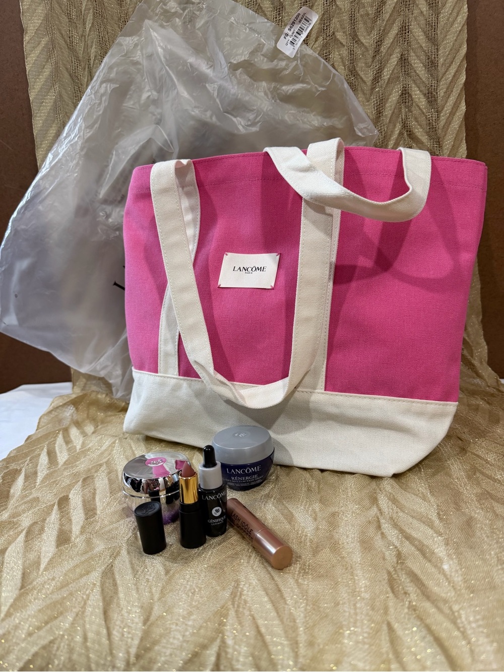 Pink Canvas Tote Bag with Cream Trim/5 skin care products. NWT